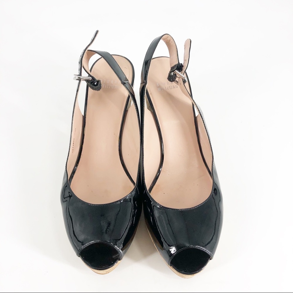 Stuart Weitzman Patent Leather Open Toe Slingback Cork Wedges Sz 41.5/11… - Picture 6 of 8